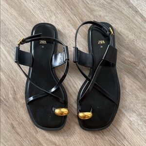 Zara Strappy Black and Gold Sandals